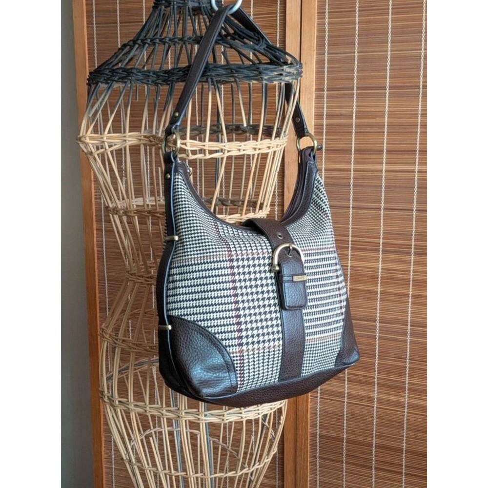 Vintage Chaps Houndstooth Glen Plaid Hobo Shoulder Bag Leather Trim Buckle